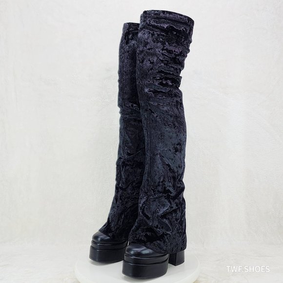 Unique Thigh High Black Velvet Fold over Skirted Chunky Heel Platform Boots - Picture 10 of 17